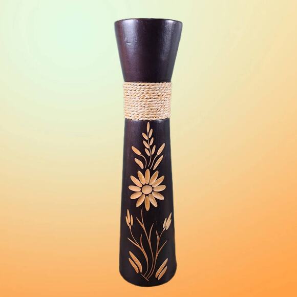 Boho Chic Hand Carved Wooden Vase with Floral Design and Jute Twine Accent - Picture 5 of 10